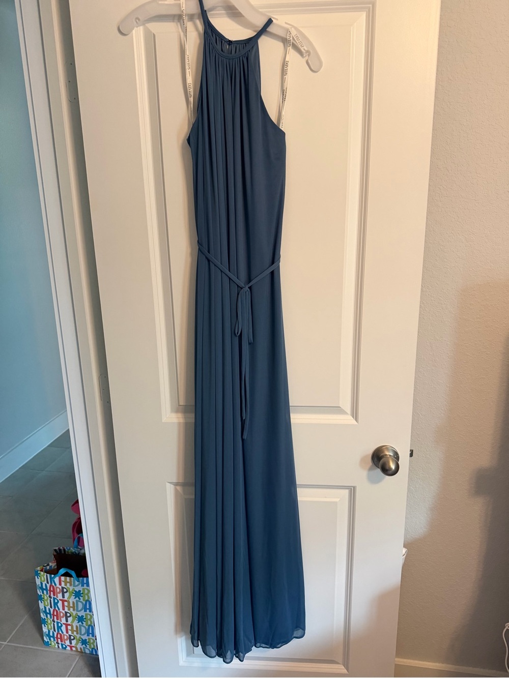 David's Bridal Blue Halter Maxi Dress